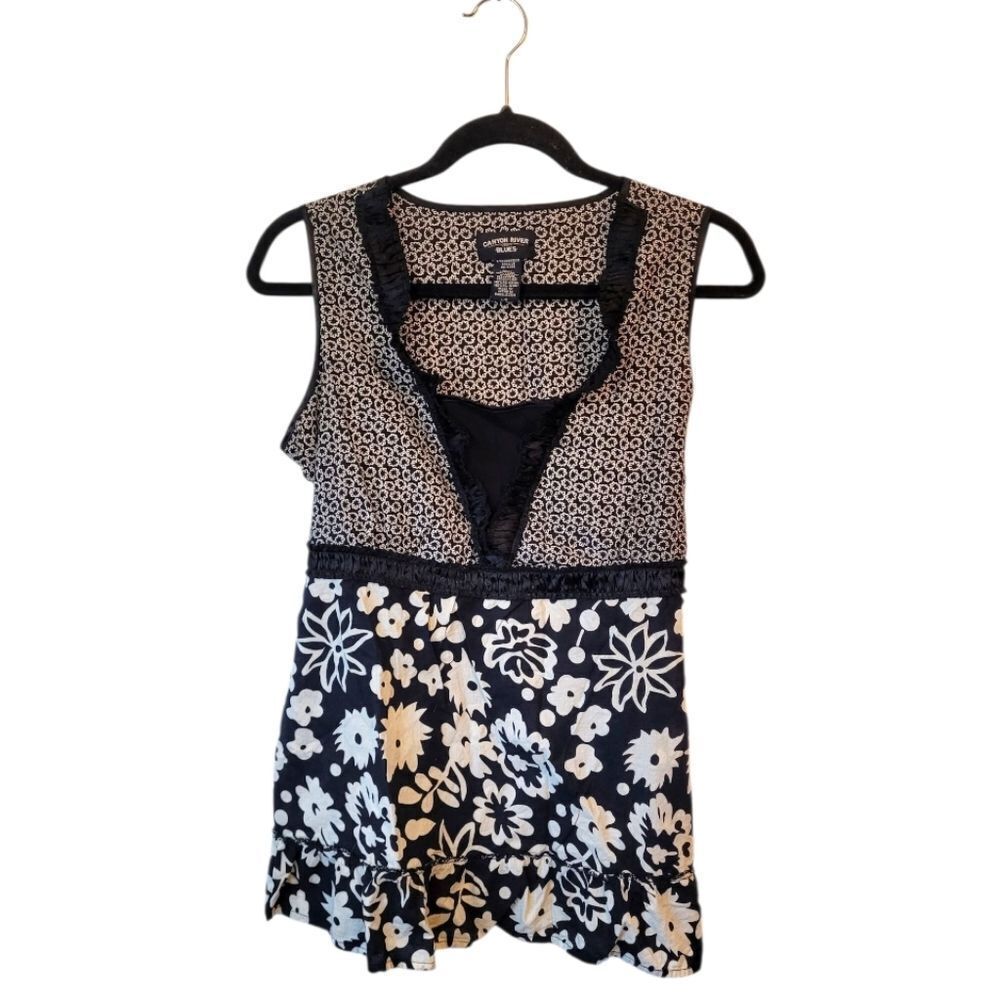 Y2K Vintage Canyon River Blues Black & Cream Ruffle Tank Top Size L